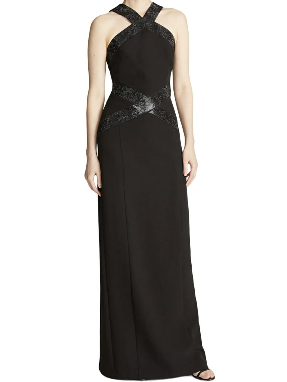 NWT Halston $575 BlackCrepe Gown Joyce Maxi Crystal Trim Dress Sz 2